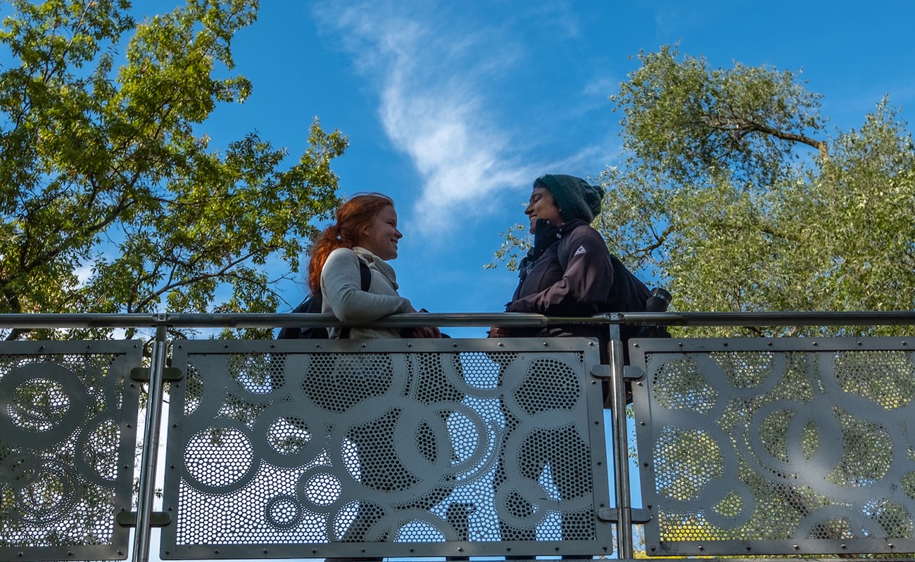 Two students stand and talk on a grey metal bridge created by an artist featuring a bubble pattern.