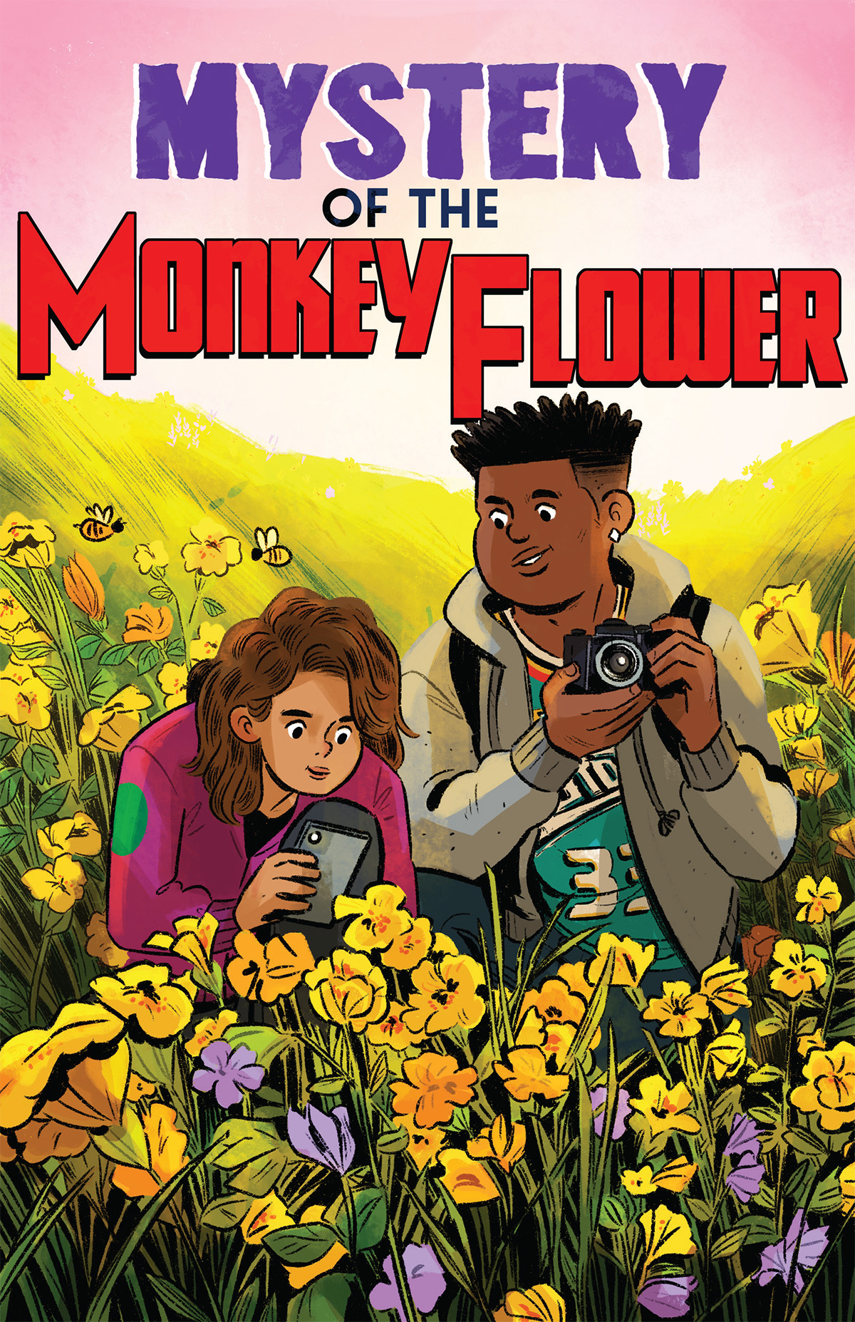 Comic book cover with girl and boy in a field photographing monkey flowers