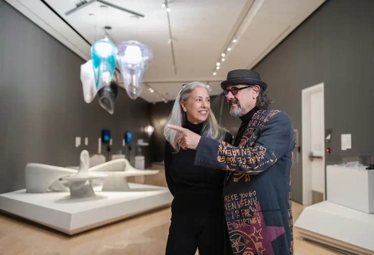 Alan and Rebecca Ross at the MSU Broad Art Museum in the exhibition Seeing in 360 Degrees: The Zaha Hadid Design Collection. Photo credit Chase Stanton.