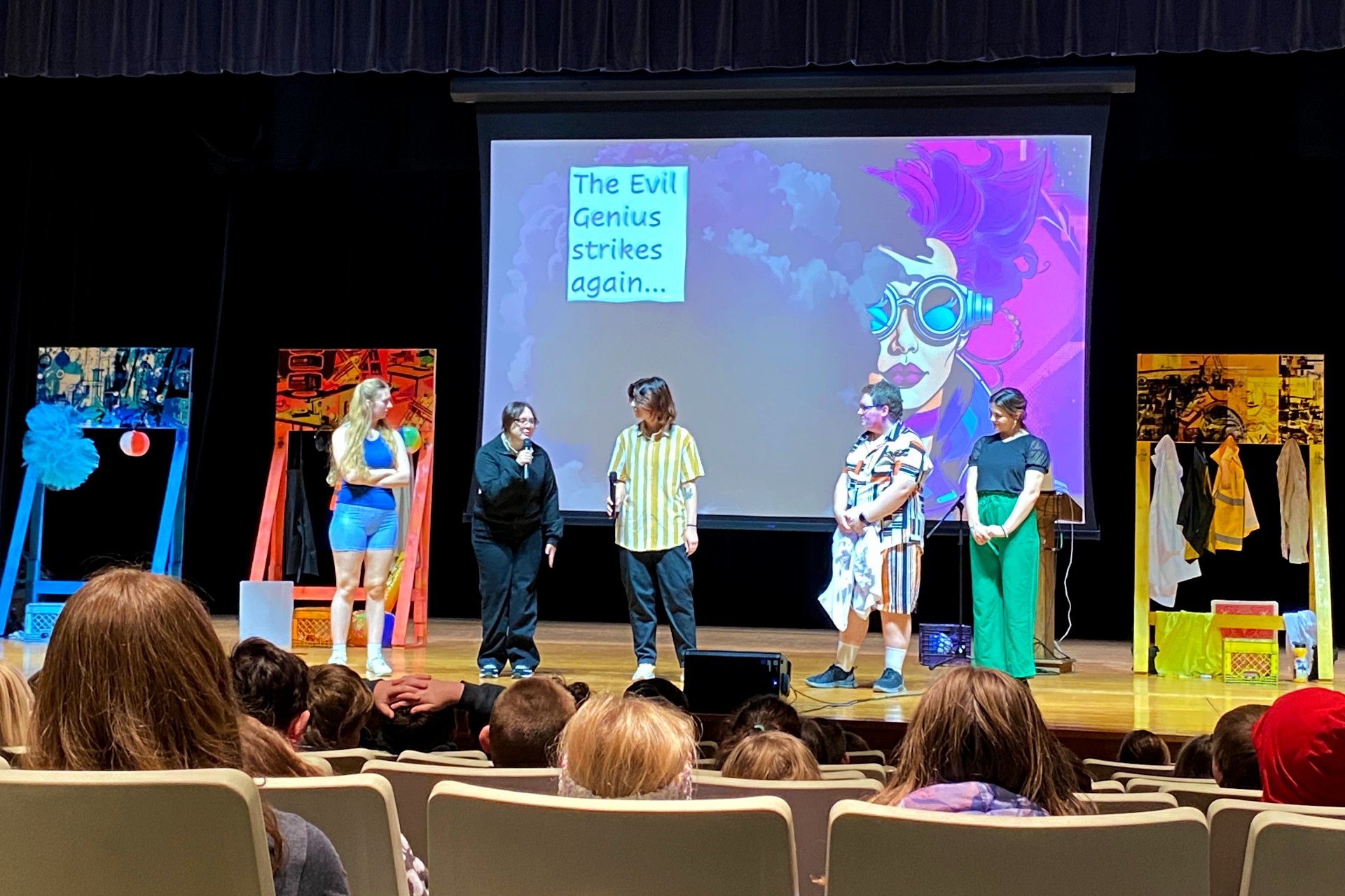 Actor from the Department of Theatre cast performing The STEAM Plays at a local elementary school.