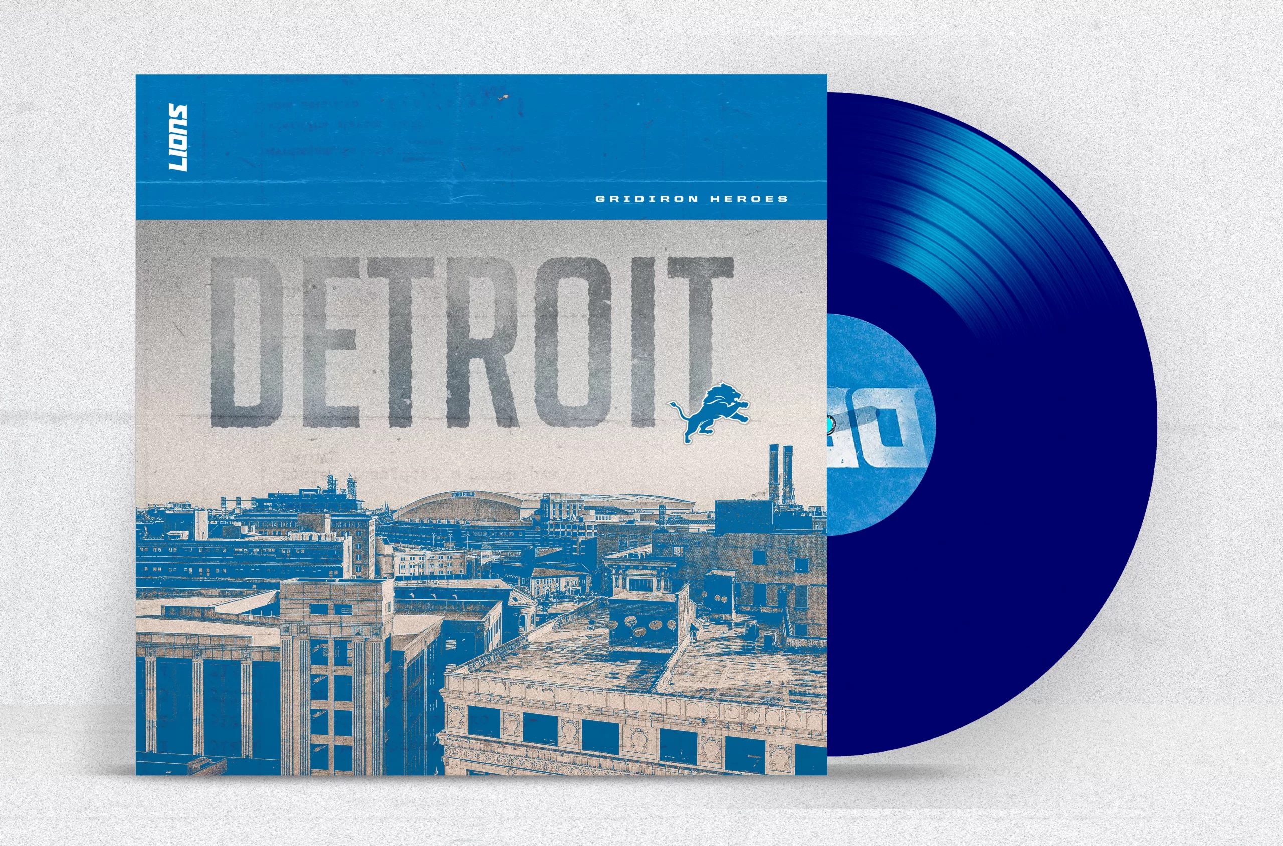 Katie's design for a blue, limited-edition custom Detroit Lions vinyl record.