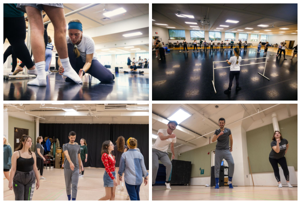 A collage of four photos. In the first photo a dance instructor helps students point their toes in the proper dance position. In the second photo a dance studio is filled with students at ballet bars as they watch the dance instructor in the front of the room. In the third photo, a group of students follow a movement instructor while walking around the room in different styles. In the last photo two students mirror the movement instructor in between them as they perform exaggerated walking-in-place movements.