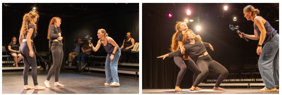 Two photos side by side. From left to right, a person with a phone films two students while they rehearse dance movements on a black theatre stage. In the second photo, a person with a phone films two students while they rehearse dance movements on a black theatre stage. One student falls back and is caught by the other students.