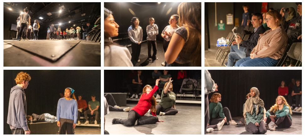 A collage of six photos. From left to right and top to bottom, A low angle looking up at a group of students standing on a black theatre stage. Second photo, an angle in the midst of five students talking on a black theatre stage. Third photo, two people watch a performance in a dark theatre setting, one is also filming the performance. Fourth photo, two people give a monologue on stage in a dark theatre setting. Fifth photo, two people mime drinking a glass on water in a dark theatre setting. The sixth and last photo pictures a group of students sitting on the floor and listening as part of a performance in a dark theatre setting.