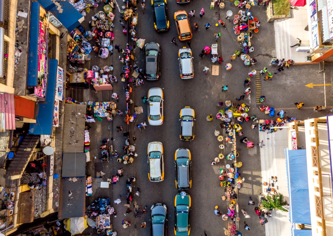 An overhead photo of a market in Ghana.