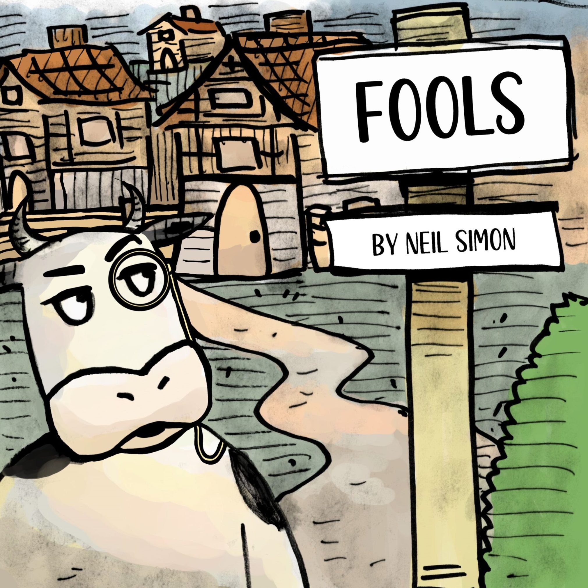 Cartoon-style illustration featuring a cow with a monocle standing beside a wooden sign that reads 