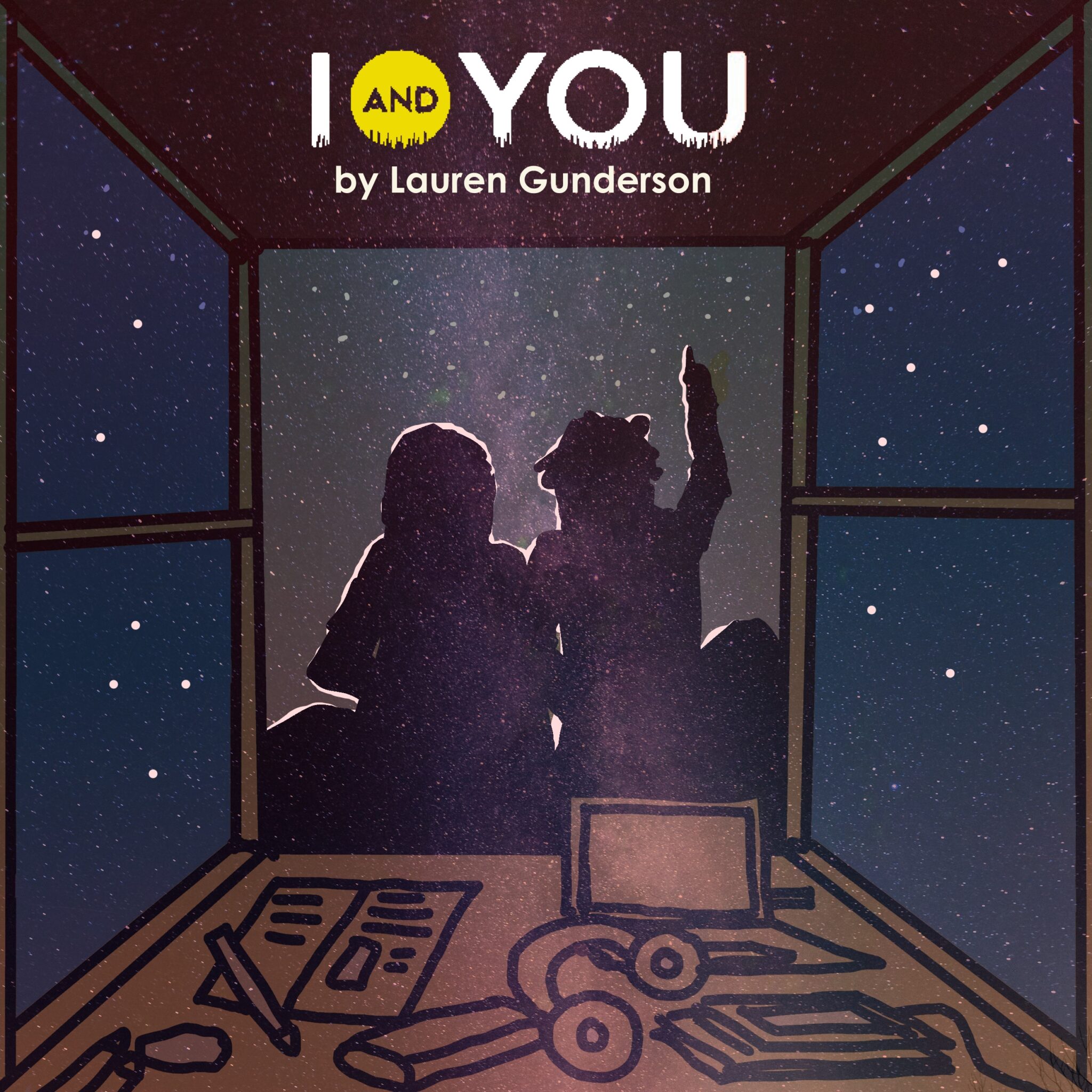 Stylized image of two silhouetted figures sitting in a room shaped like a house, gazing up at a star-filled night sky. One person points upward. The room contains scattered items including papers, books, and headphones. The title 