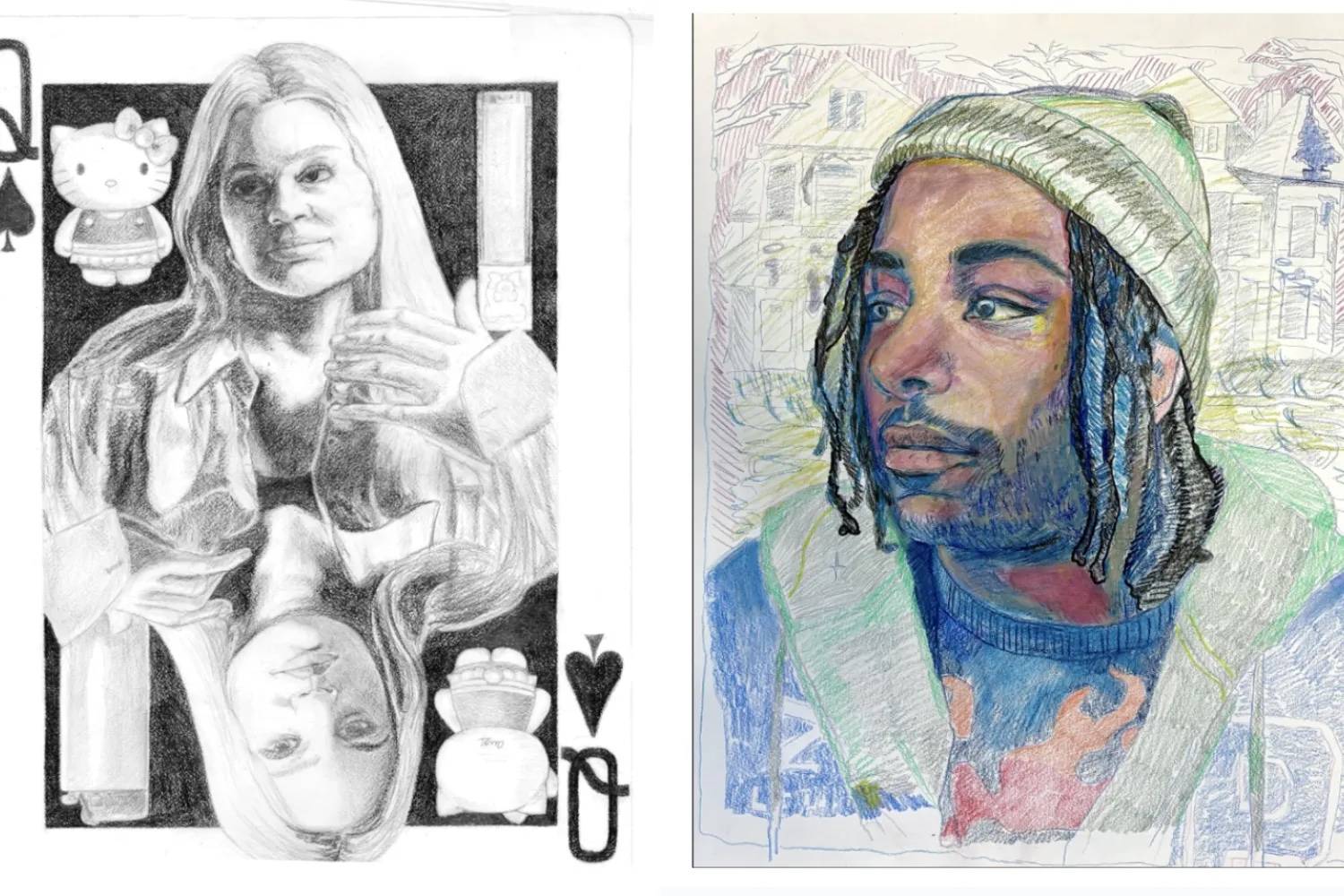 Left portrait depicts a woman rendered in graphite in the style of playing card, paired with small Hello Kitty graphics. Right portrait shows a man in a knit cap, drawn in colored pencil with houses faintly visible in the background.