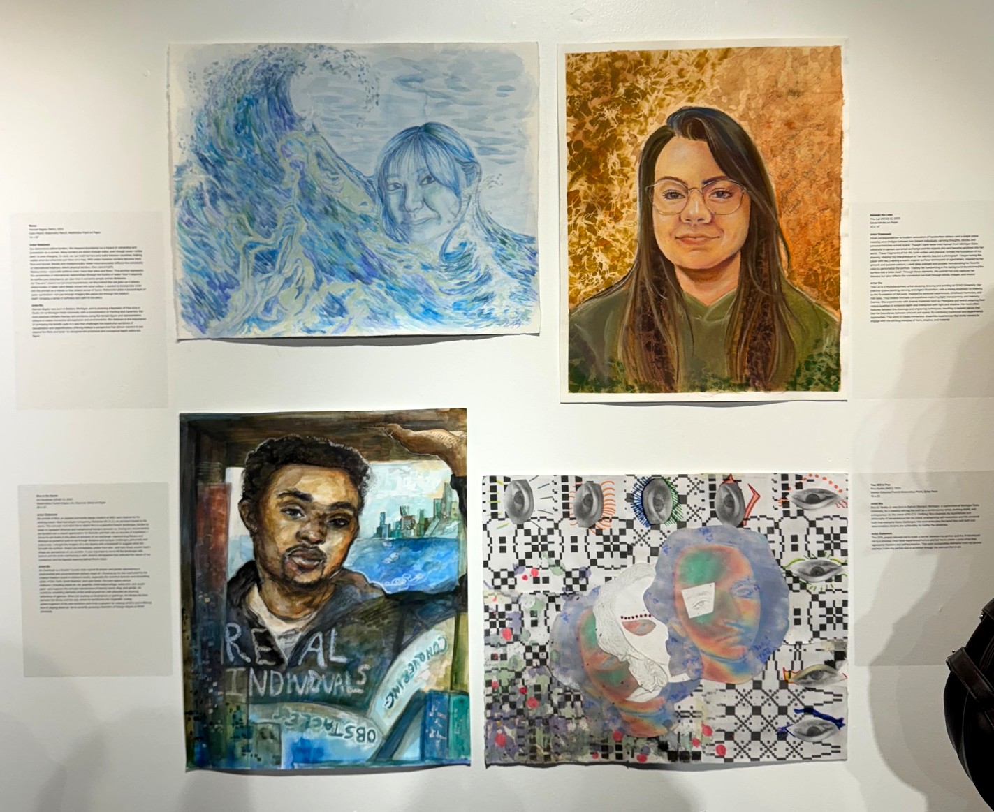 Four portraits in varied media: a face emerging from painted ocean waves; A woman with glasses and a golden background; a man with a cityscape and the text 