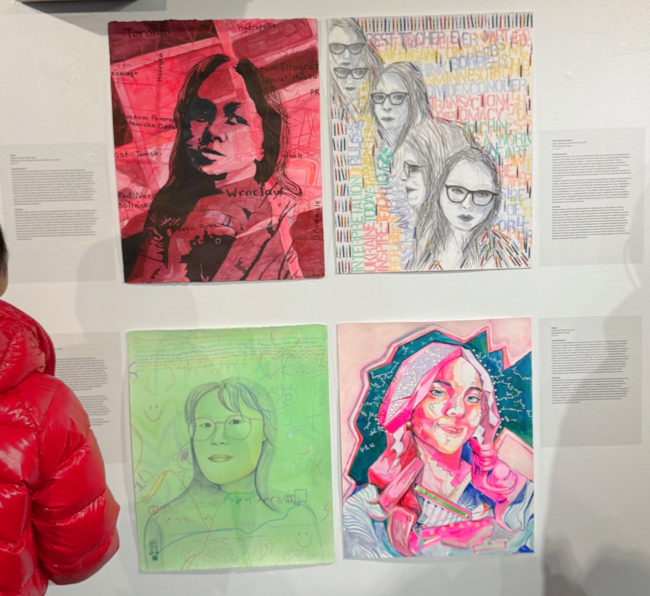 Four artworks in a square layout: a red-toned portrait with overlaid text; a grayscale drawing of a woman repeated multiple times with colorful typography; a lime green line drawing of a person with glasses; and a bright pink portrait of a young woman with braided hair.