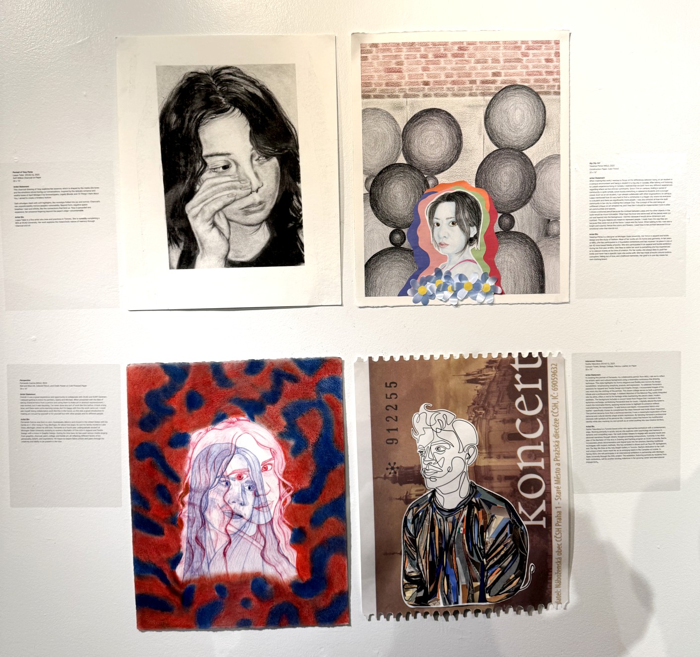 Four artworks arranged in a 2x2 grid: a graphite portrait of a woman looking to the side; a stylized portrait with balloon-like spheres on a brick wall; a red-and-blue line drawing over an animal print background; and a portrait overlaid on a design resembling a postage stamp.