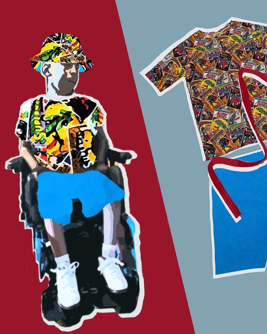 A digital collage shows an illustrated figure in a wheelchair wearing a comic book-patterned shirt, blue shorts, and a matching hat on a red background. To the right, the same outfit pieces are displayed flat against a blue background.