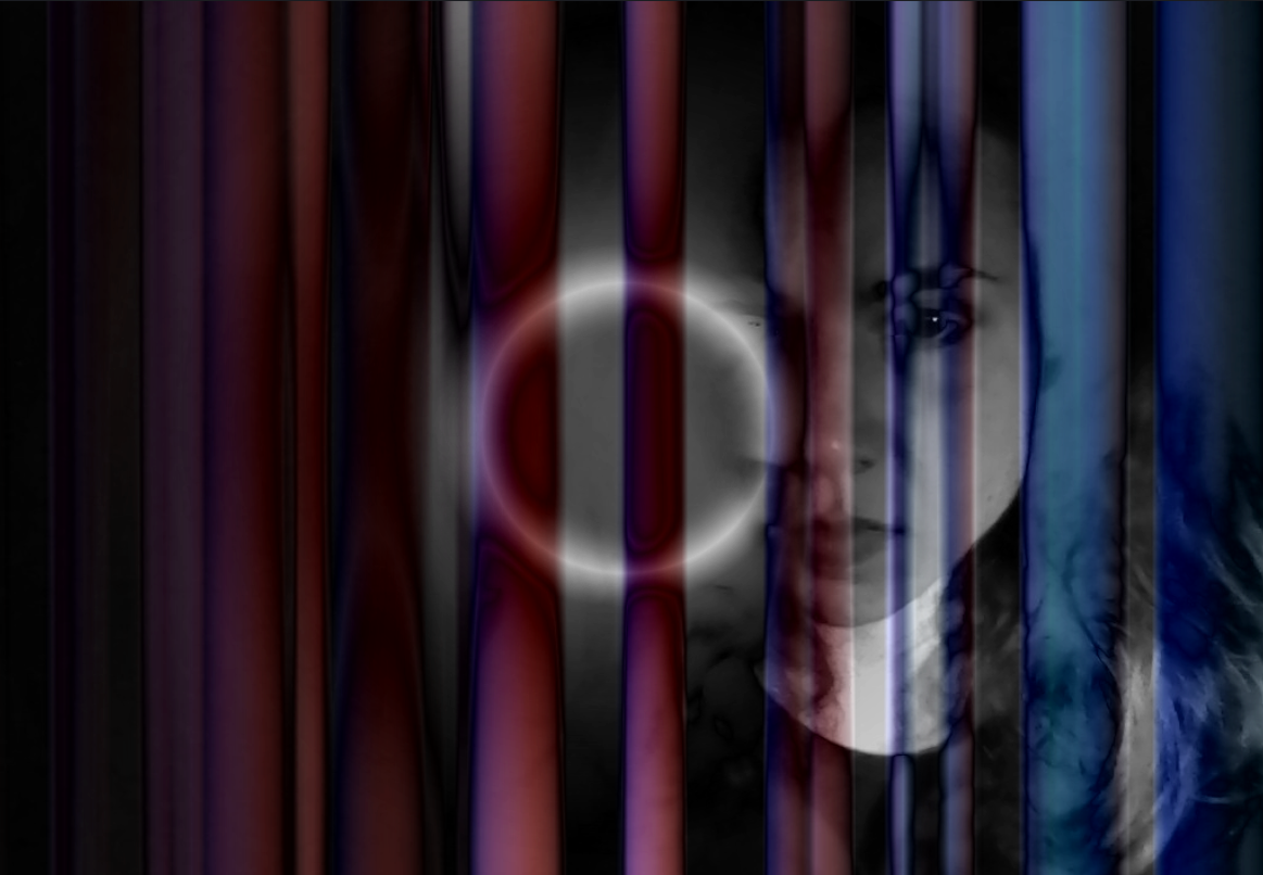 Black and white image of woman staring through purple and blue streaks