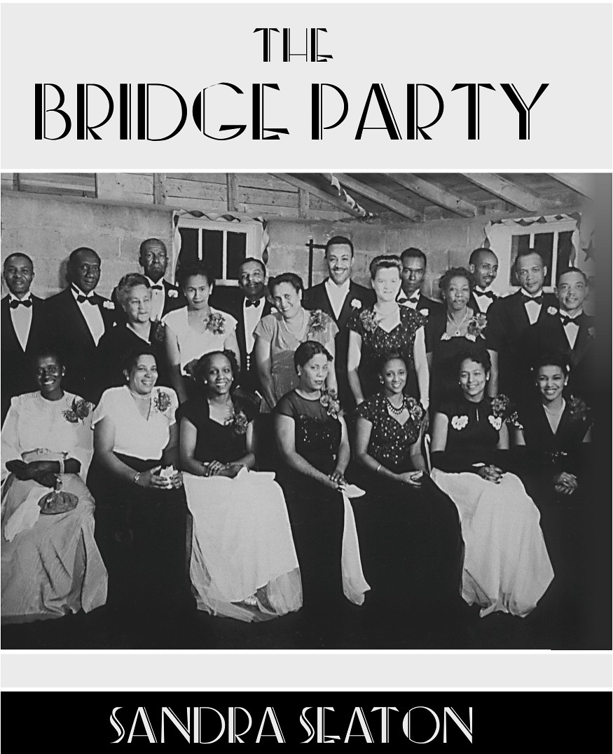 A promotional poster featuring an archival black-and-white photograph of a large social gathering. A group of men and women in formal 1940's-style evening wear are posed in a room with a high, slanted ceiling and exposed wooden beams. The image is framed by stylized text at the top and bottom.