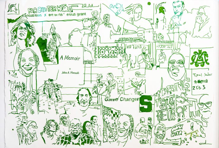 A collage drawing in green reflecting moments from the Spartan Bus Tour.
