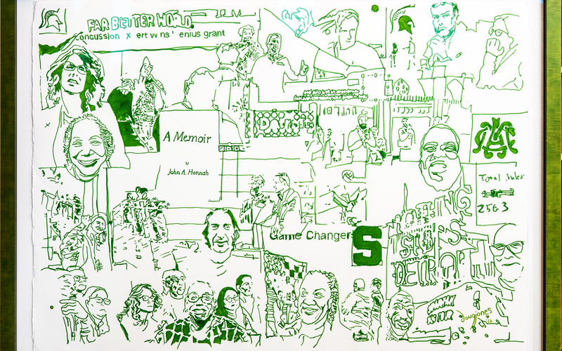 A collage drawing in green reflecting moments from the Spartan Bus Tour.