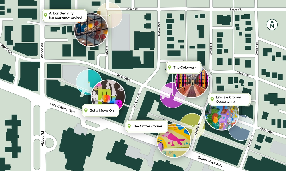 A graphic of a public art map depicting downtown East Lansing.