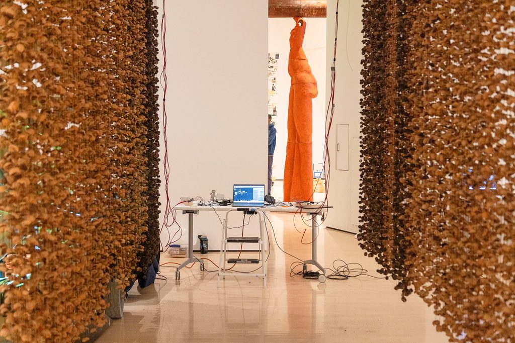 Art installation featuring two dense hanging curtains of walnut shells, partially obscuring a tall, orange sculpture. A table with electronic equipment is in between.