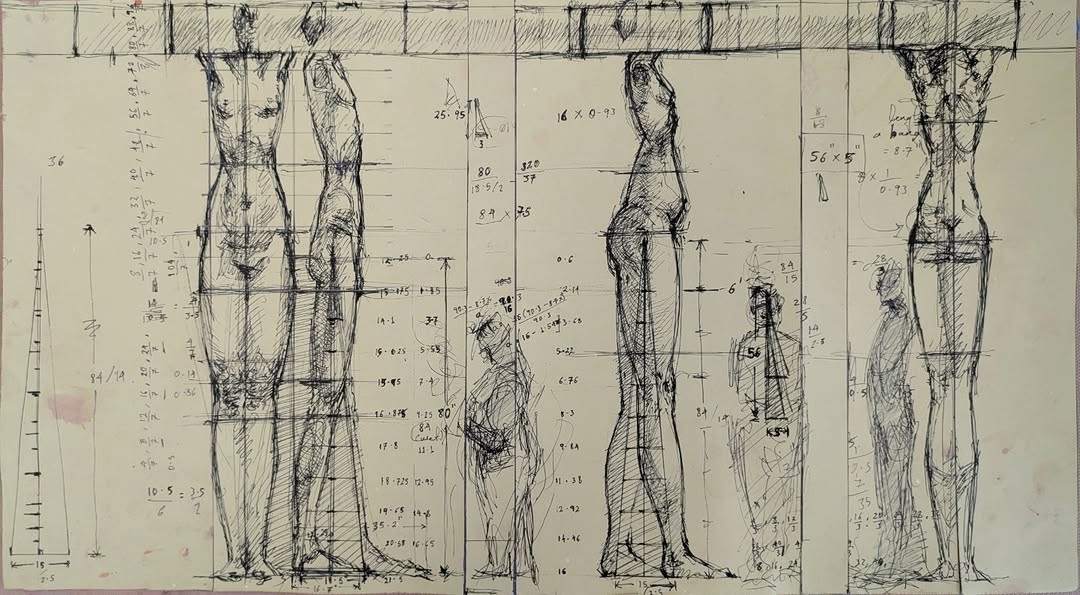 Sketch of four human figures in in various poses with measurements and annotations. The drawing includes geometric lines, suggesting architectural analysis.