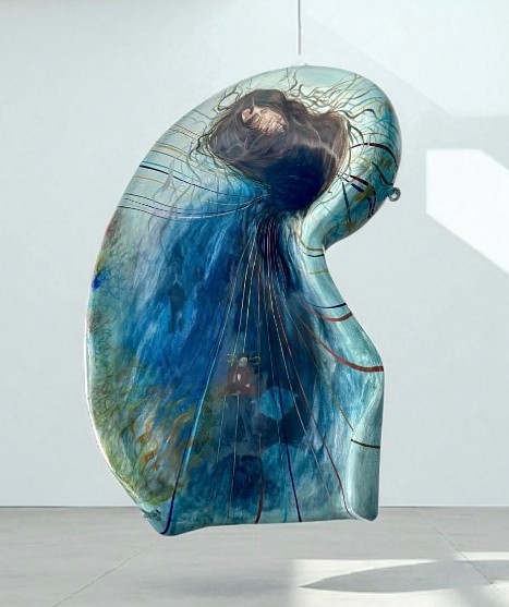 A large, cocoon-like sculpture hangs in a white gallery, featuring a serene, sleeping figure enveloped in flowing green and blue hues, exuding tranquility.