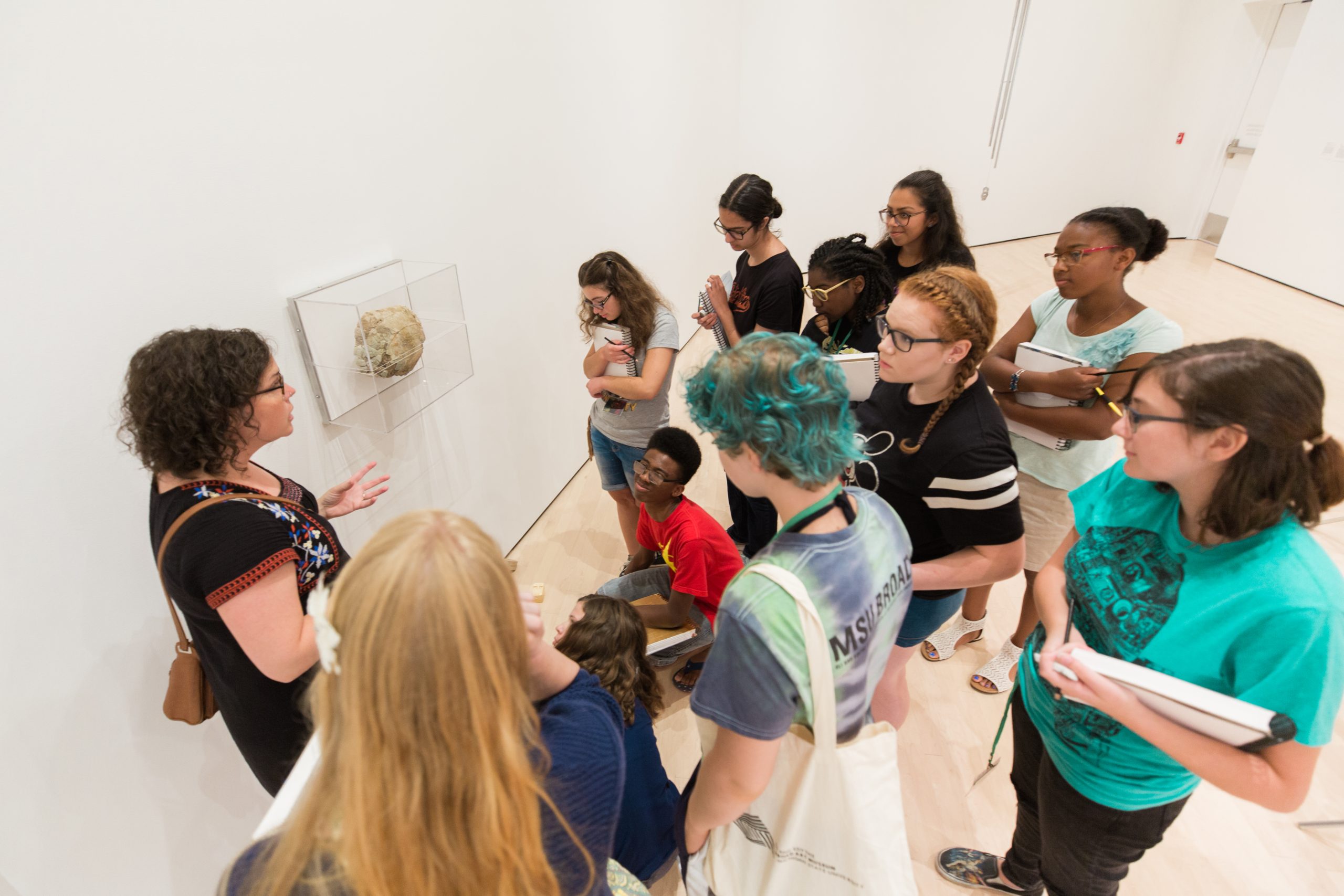A class of high school students hold their notebooks and look at a work of art.