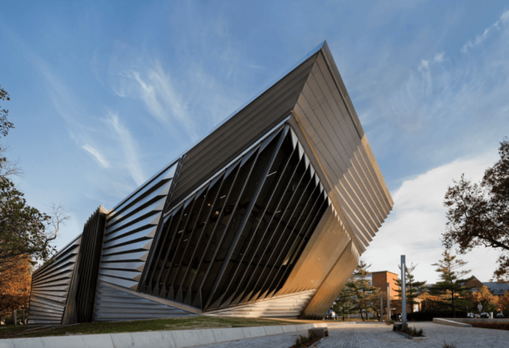 A wide angle of the exterior of the Eli and Edythe Broad Art Museum.
