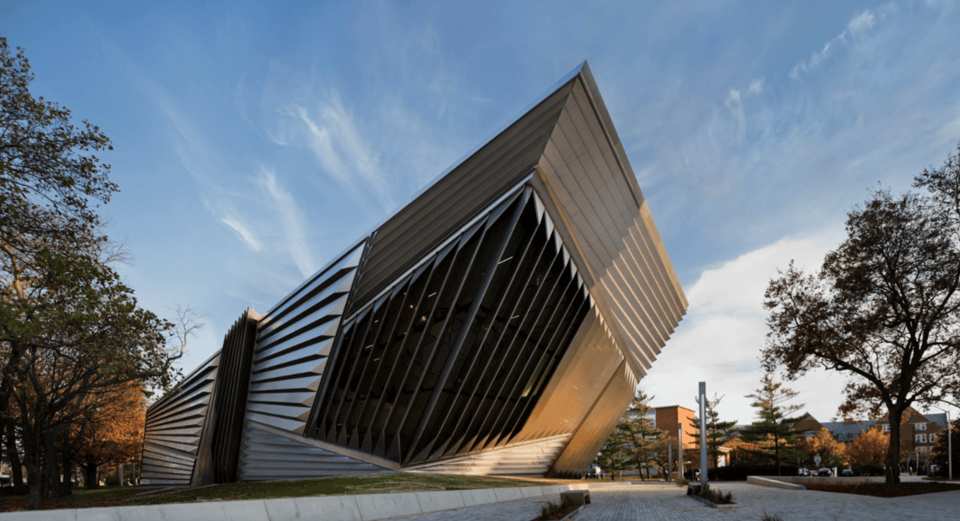 A wide angle of the exterior of the Eli and Edythe Broad Art Museum.